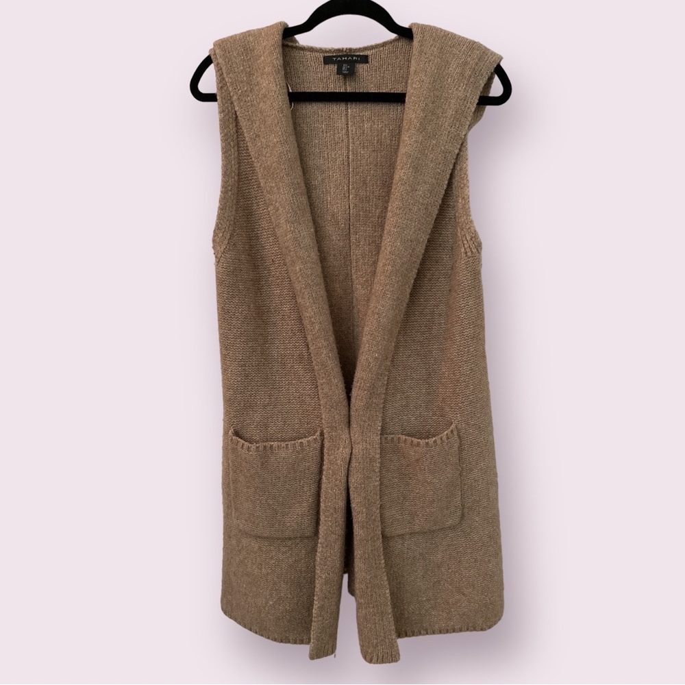 Tahari Open Front Hooded Sweater Vest Pockets Large